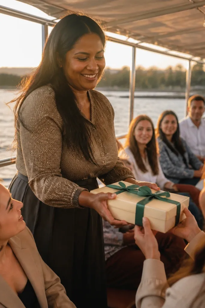 Friends on a small boat holding gift boxes as the sun sets