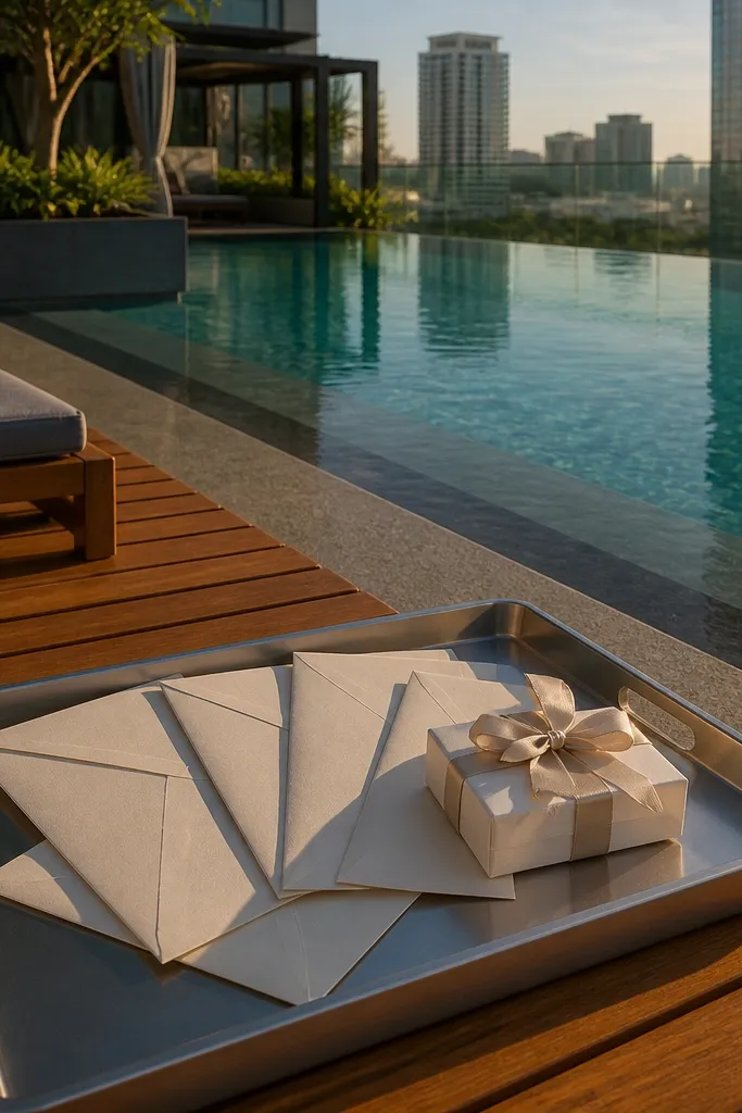 Friends by a rooftop pool holding matching proposal envelopes