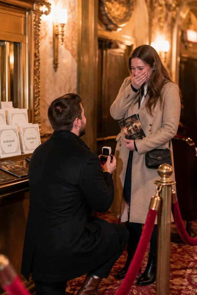 Friends holding seat cards in a theater lobby with red accents
