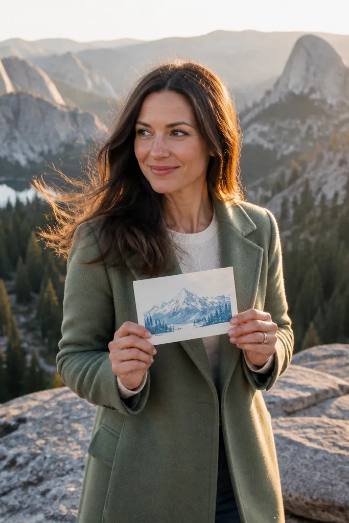 Friends at a mountain viewpoint holding postcards with ribbons