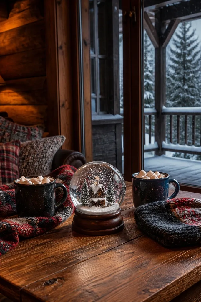 Friends in winter outfits holding snowglobe gifts on a cabin table