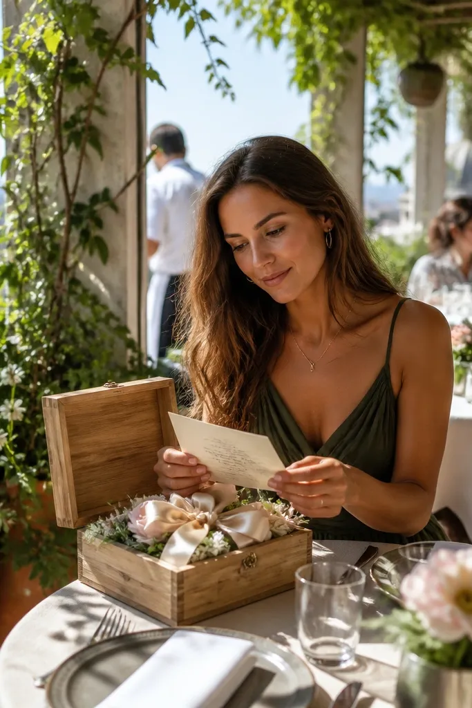 Friends at a rooftop garden brunch holding small flower boxes