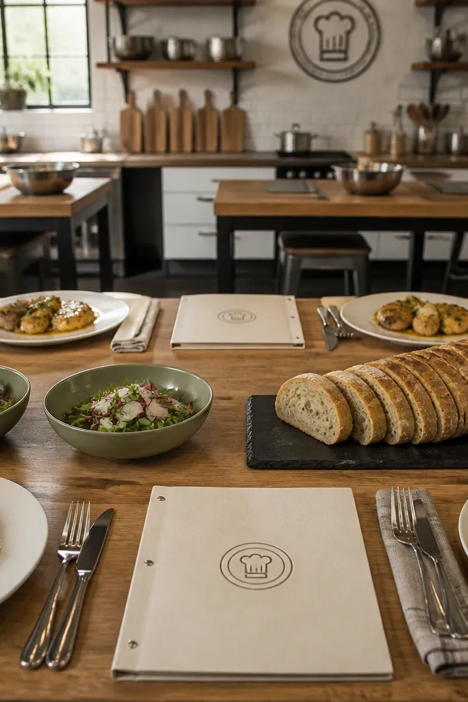 Friends in an open kitchen holding small printed menus and gift cards
