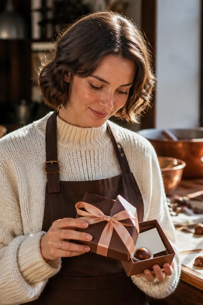 Friends holding small chocolate boxes with matching ribbons in a workshop room