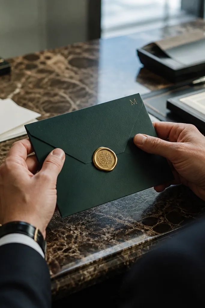 Deep green paper letter with gold monogram and a dark wax seal on a cream envelope