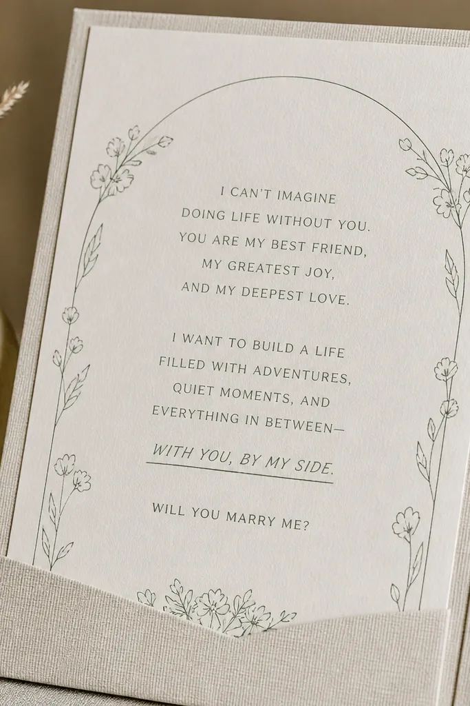 Cream letter with a minimal one-line border drawing and a centered handwritten proposal line