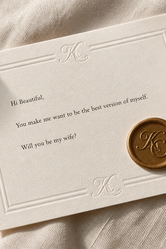 Embossed cream card with raised seal sticker and minimal black typography