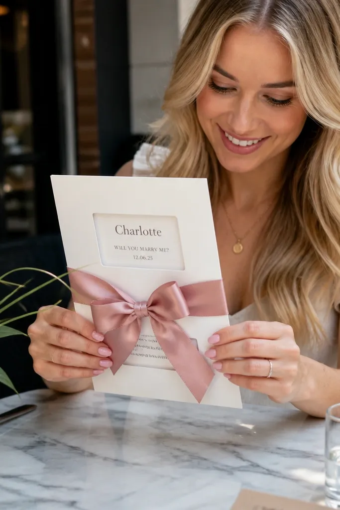 Card with a small window cutout showing a message strip, wrapped in satin ribbon