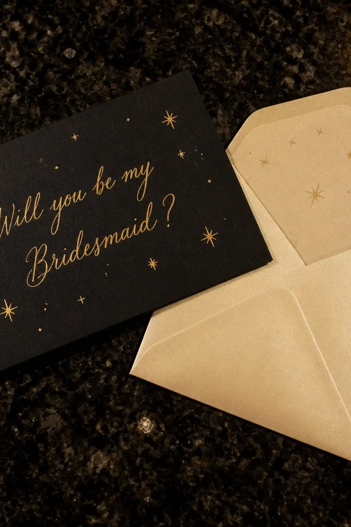 Black cardstock letter with gold ink handwriting and a small star motif at the corner