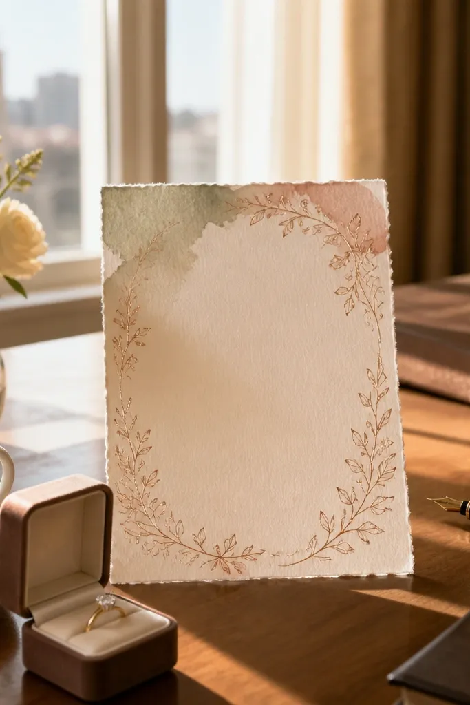 White letter with a watercolor wash header and botanical border in muted green