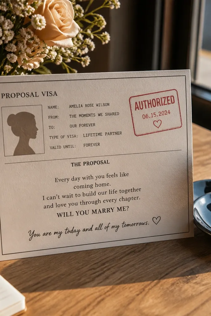 Ivory passport-style card with faux stamp graphic and a handwritten bridesmaid proposal message