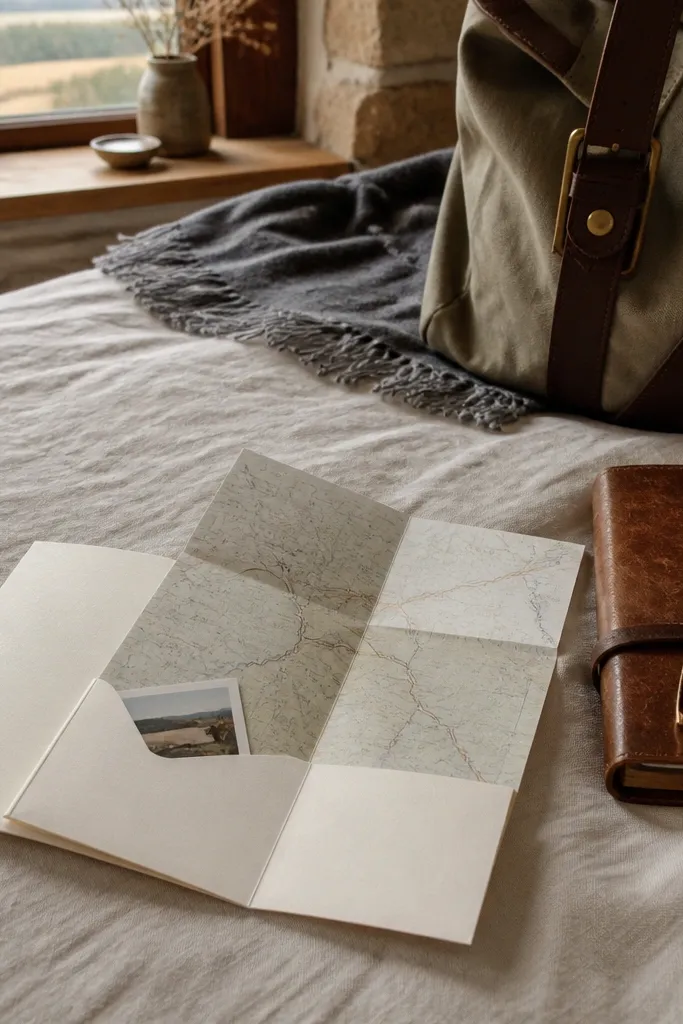 Letter with a pocket on the inside holding a folded mini map and a small