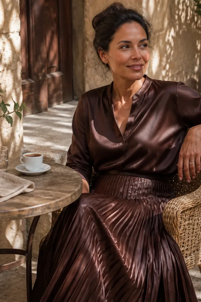 Carob brown pleated silk skirt with a matching satin sleeveless top