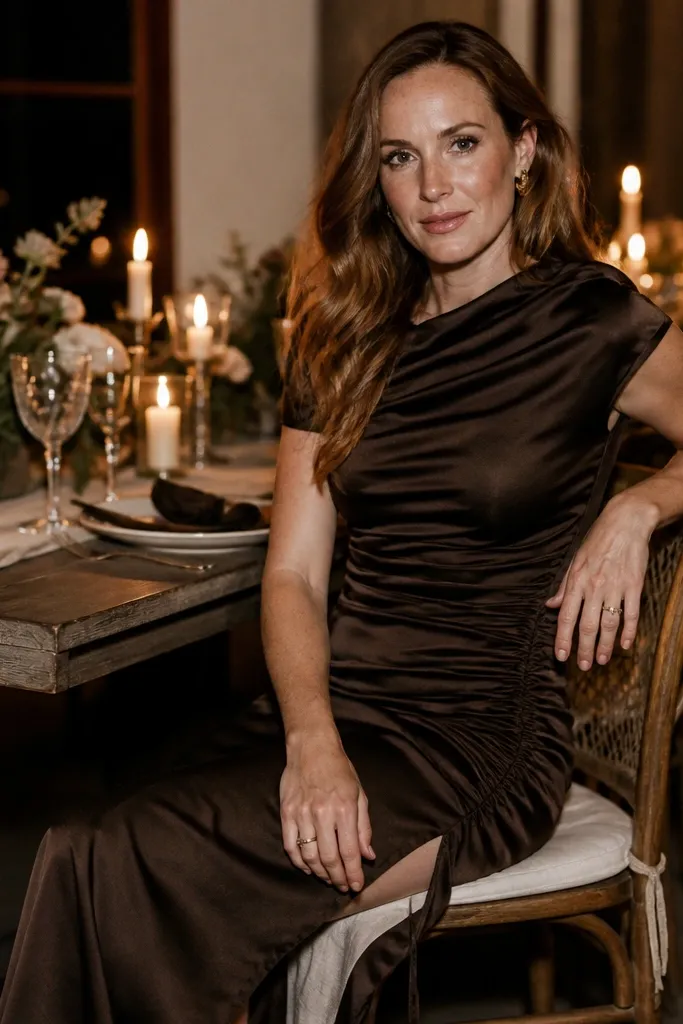 Espresso brown ruched silk midi dress with a side slit and black-tan heels