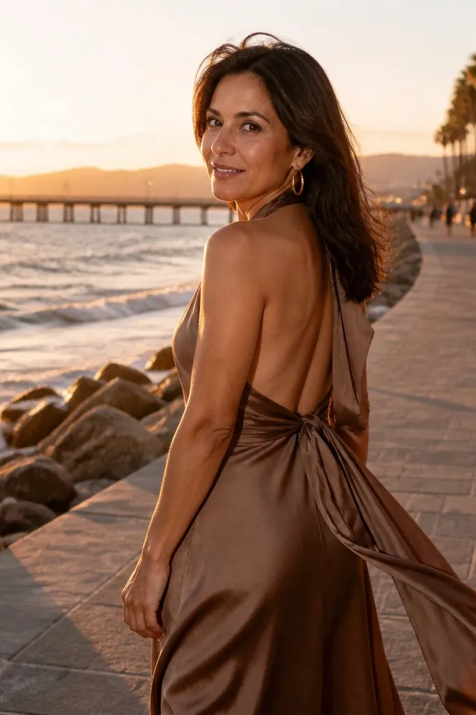 Mocha brown silk halter maxi dress with a back tie and bronze heels
