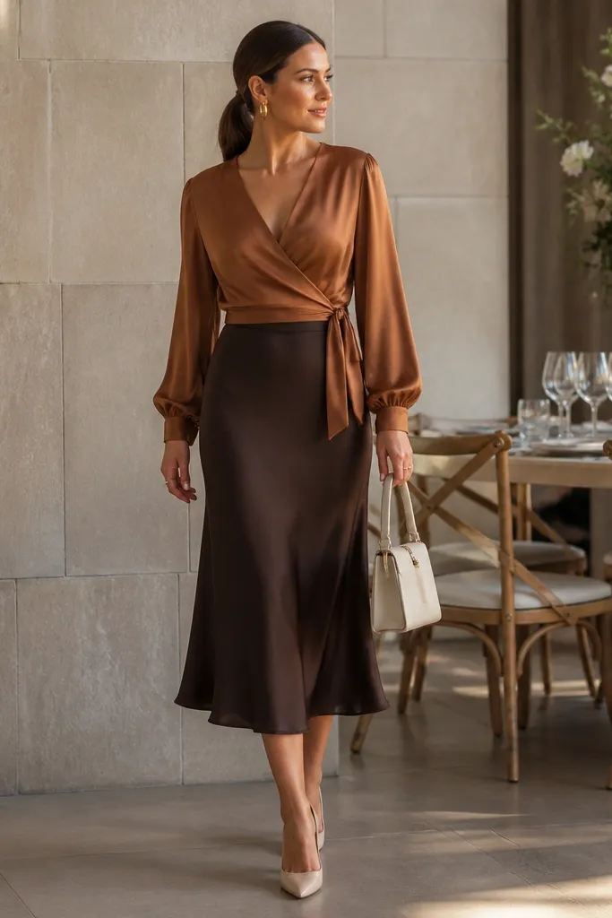 Cognac silk wrap top with an espresso midi skirt and tan heels