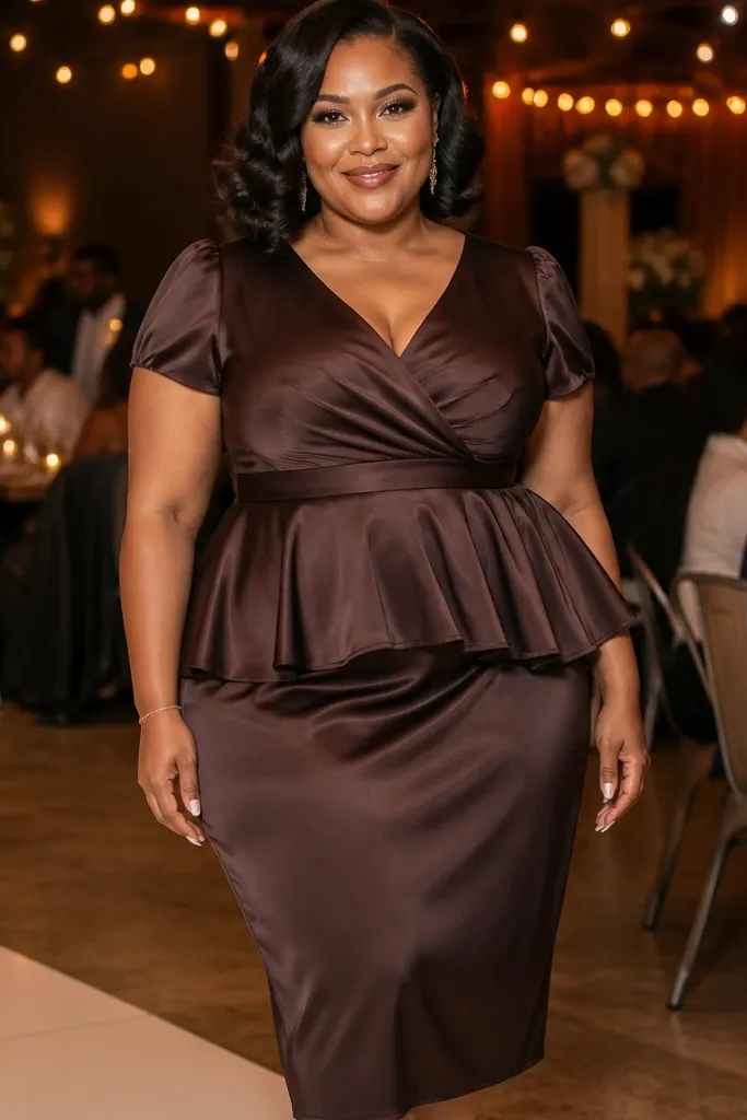 Espresso brown silk peplum midi dress with a straight skirt and silver clutch