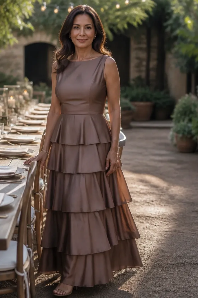 Mocha brown silk tiered midi dress with a plain fitted bodice and bronze heels