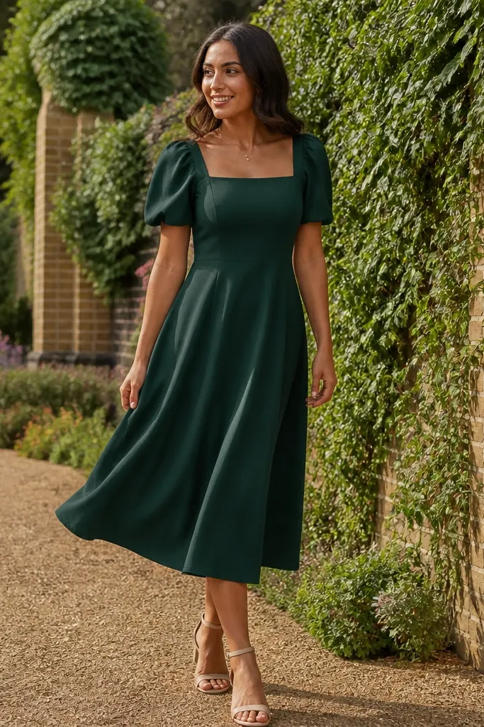 Forest green A-line dress with puff sleeves and white sneakers