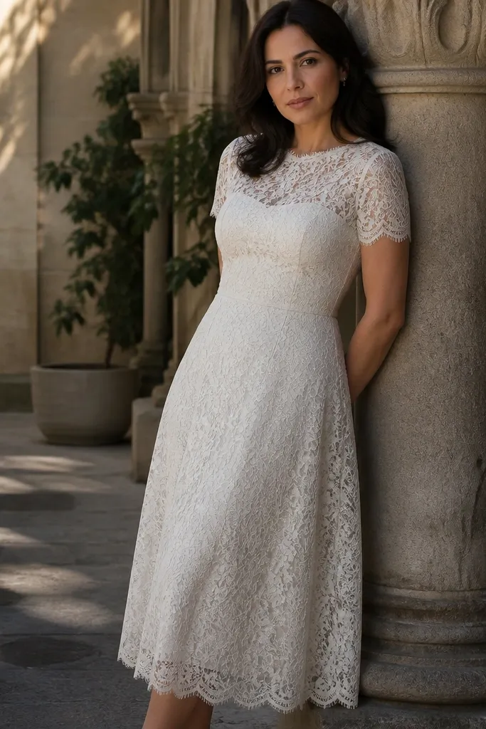 Ivory lace tea-length dress with a satin slip and pearl earrings