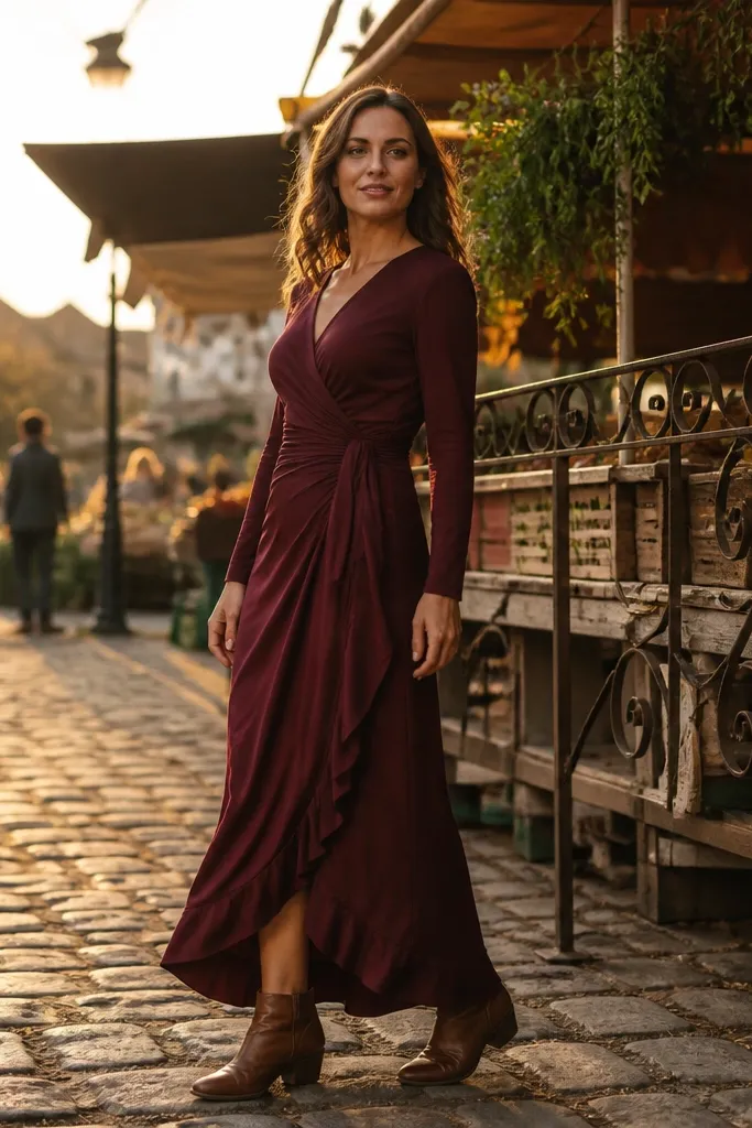 Burgundy wrap maxi dress with subtle ruching and ankle boots