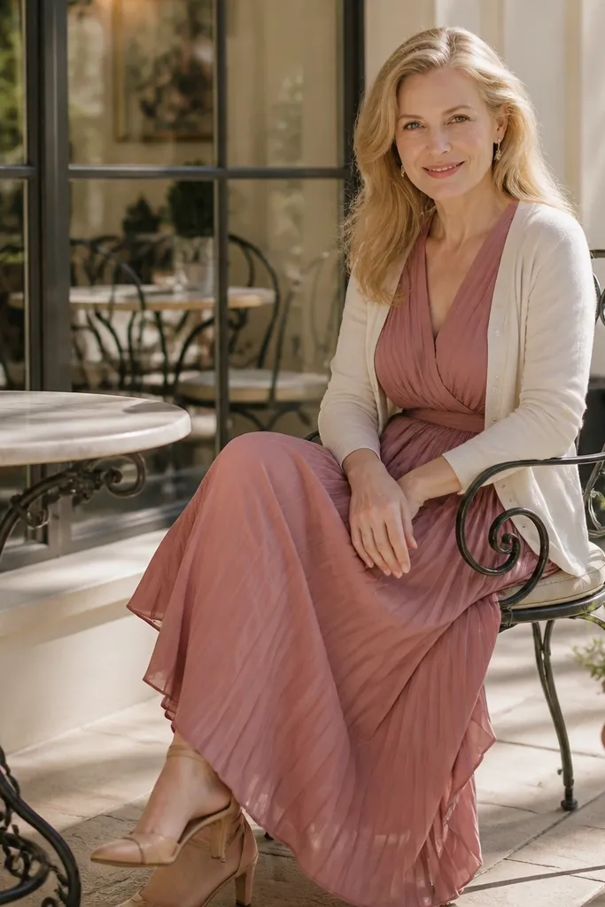 Dusty rose pleated midi with a cream cardigan and ballet flats