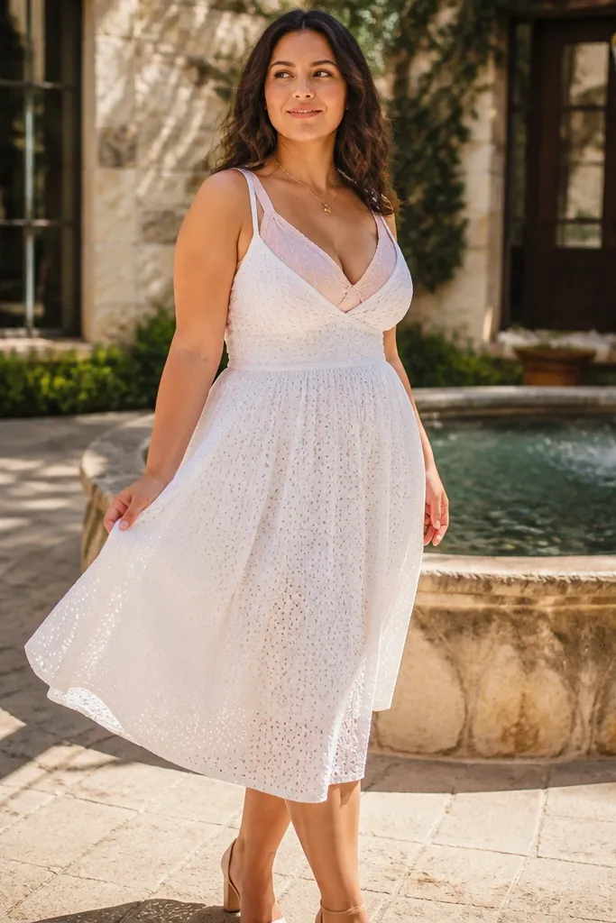 White eyelet midi dress with a pastel camisole and tan sandals