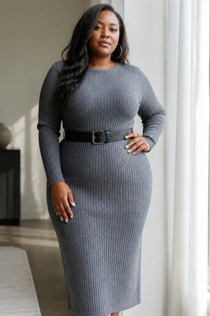 Gray ribbed knit dress with a structured belt and loafers