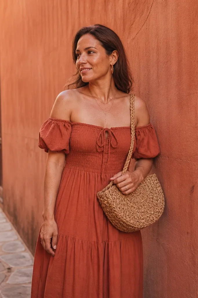Terracotta off-shoulder maxi with a woven bag and gold hoops