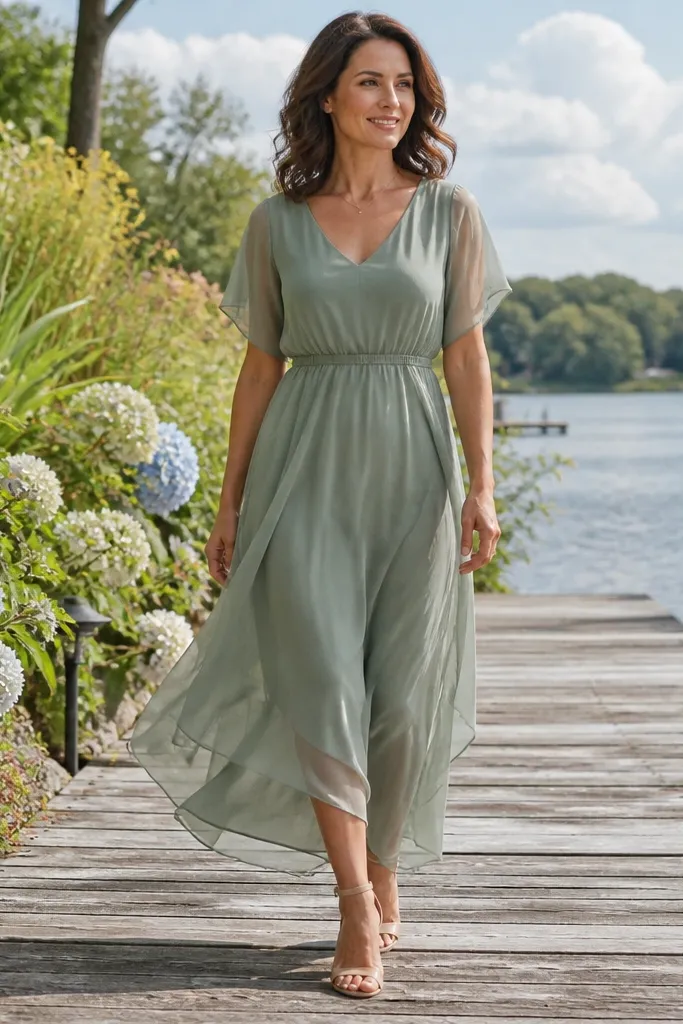 Sage green chiffon midi with a matching slip and silver earrings