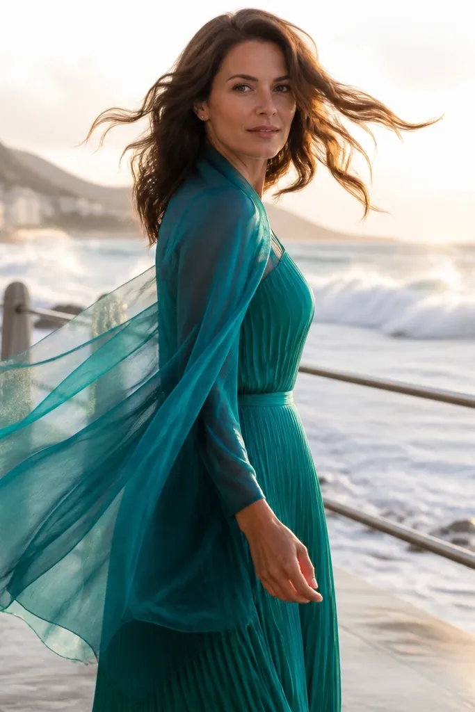 Teal pleated dress with a sheer scarf wrap and tan heels