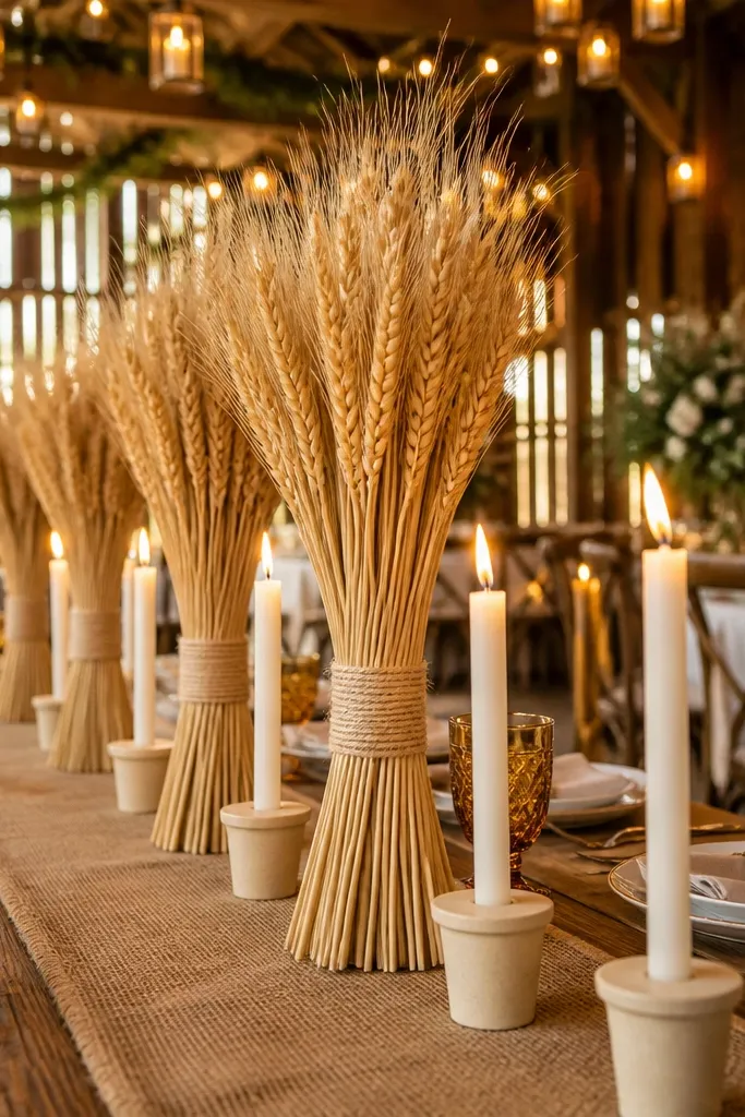 Burlap runner with dried wheat bundles and cream candles