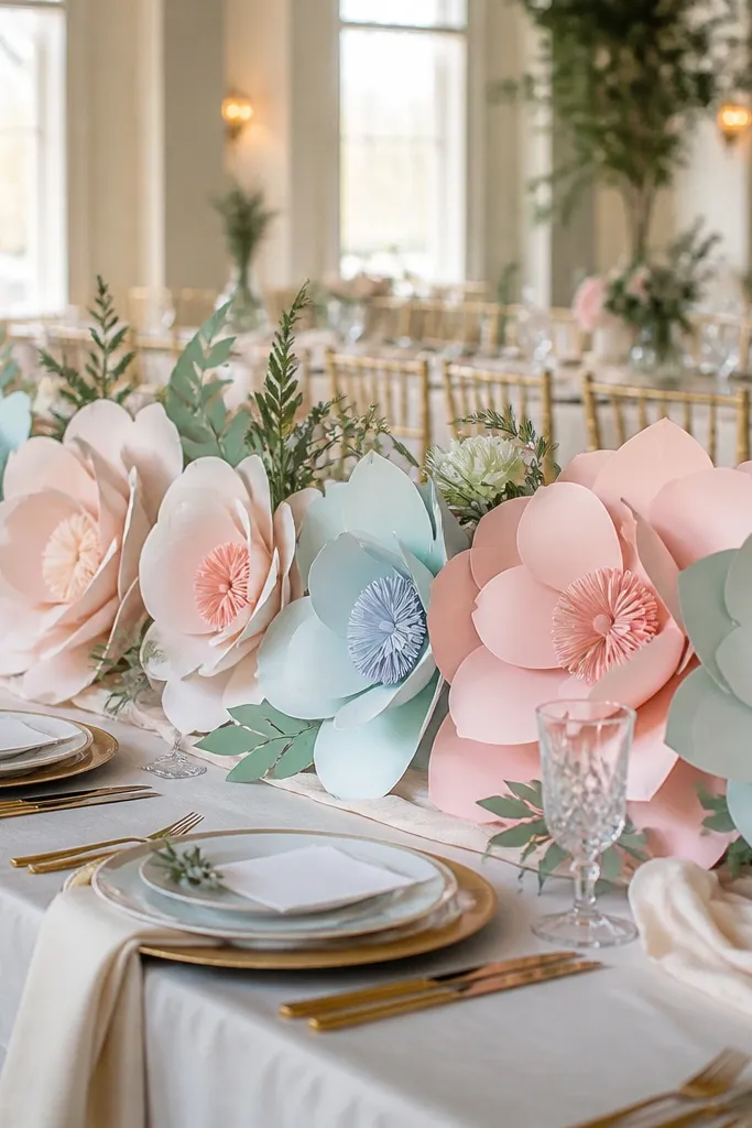 Pastel paper flower garland running down a long wedding table
