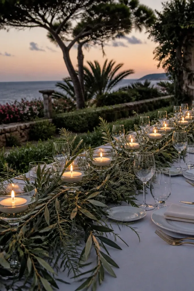 Greenery runner with white floating candle cups along the center