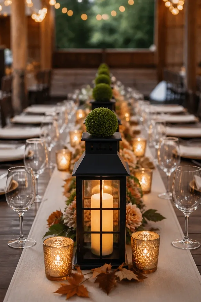 Tall lanterns lined on a runner with faux moss and small candles