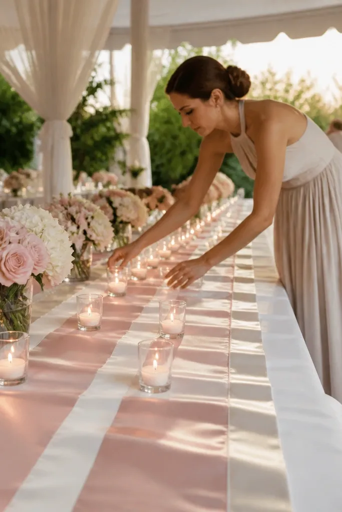 Satin runner with staggered clear votive glasses and warm lights