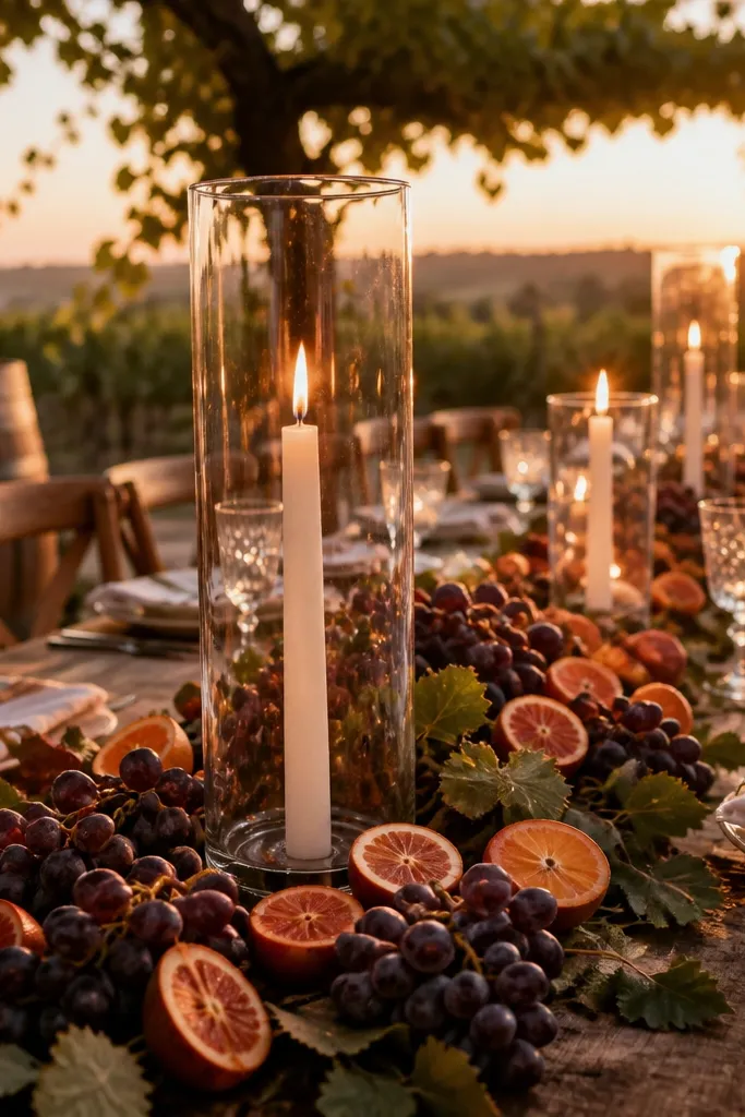 Long runner with faux grapes, small fruit accents, and candles down the middle
