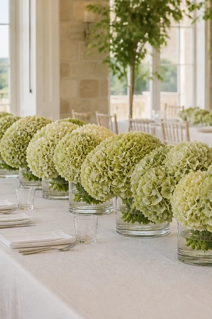 Low glass vases with faux hydrangea heads in sage and cream