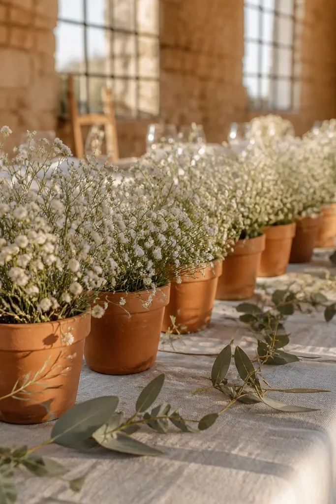 Mini terracotta pots with white airy faux flowers along a table
