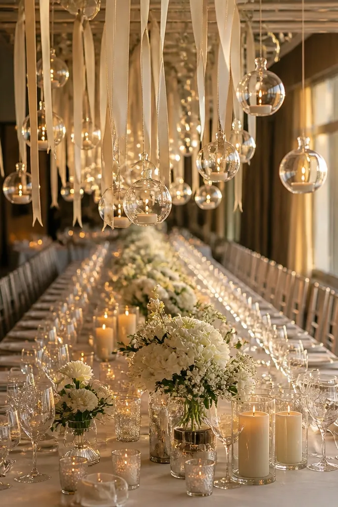 Long ribbon cascade with hanging acrylic orbs over a wedding table