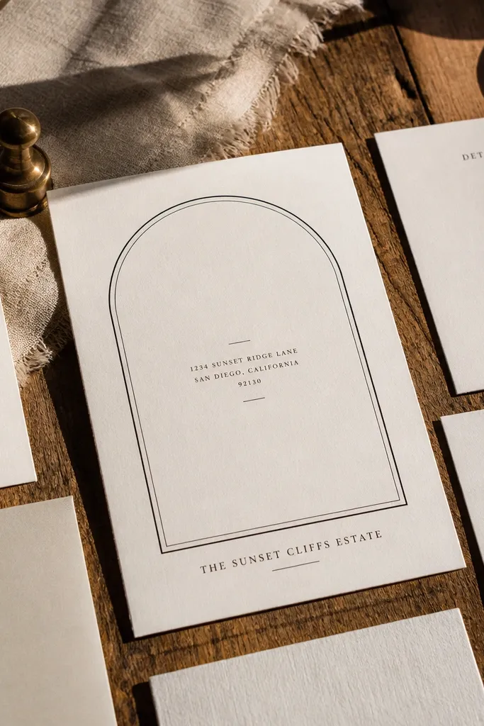 Cream card with a thin arch line, black text centered, small date in a corner