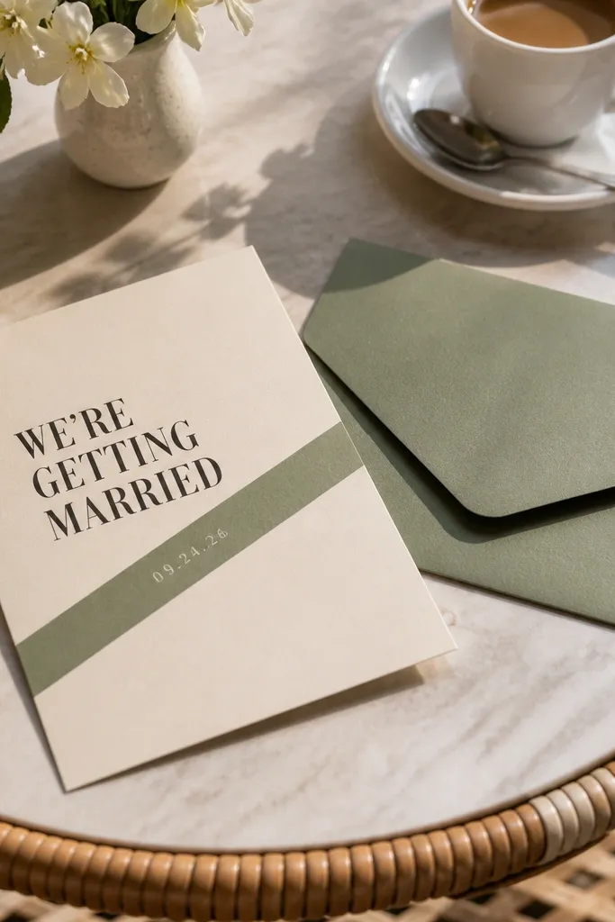 Ivory card with a diagonal navy band and white text block, serif names centered