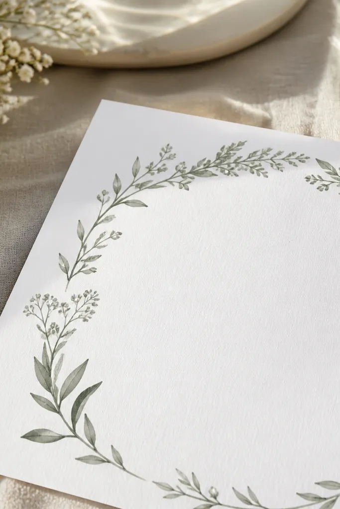 White card with a thin green wreath circle and black centered wedding text