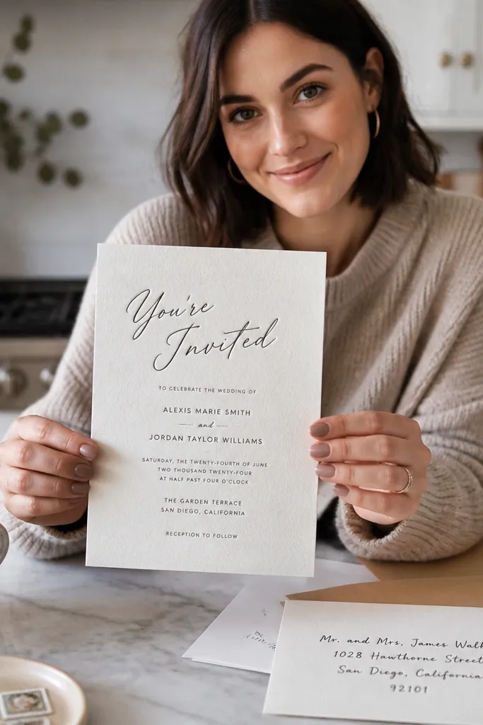 Warm beige card with black script header and small formal sans details below