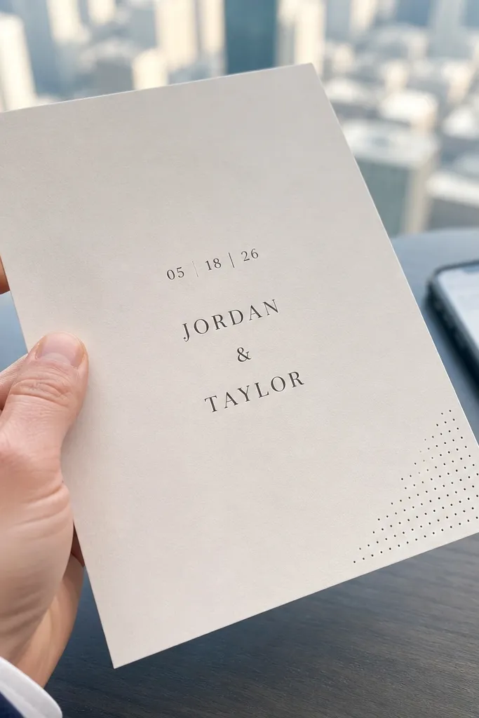 Cream card with small gray dot grid in one corner and black centered text