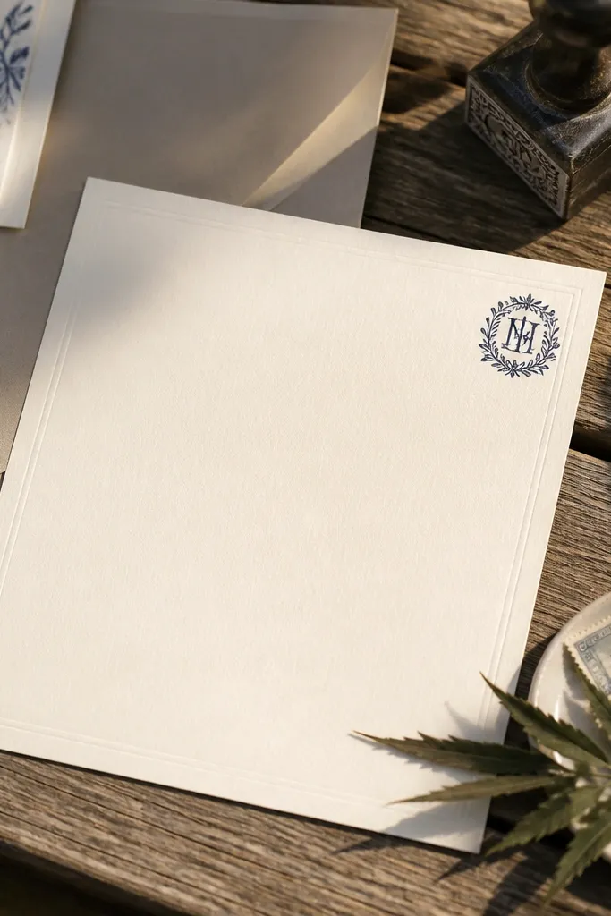 Off-white card with a black monogram in top corner and centered date text