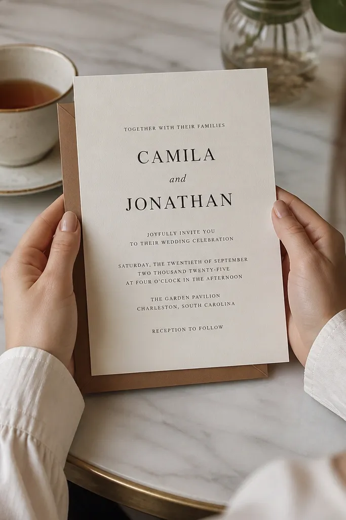 White card with black serif couple names, date lines, and centered RSVP at bottom