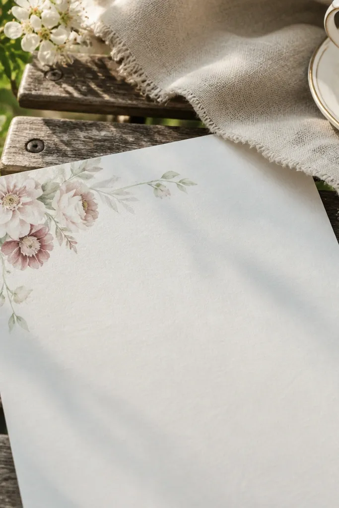 Light blush card with small watercolor-style flowers in one corner and black centered text
