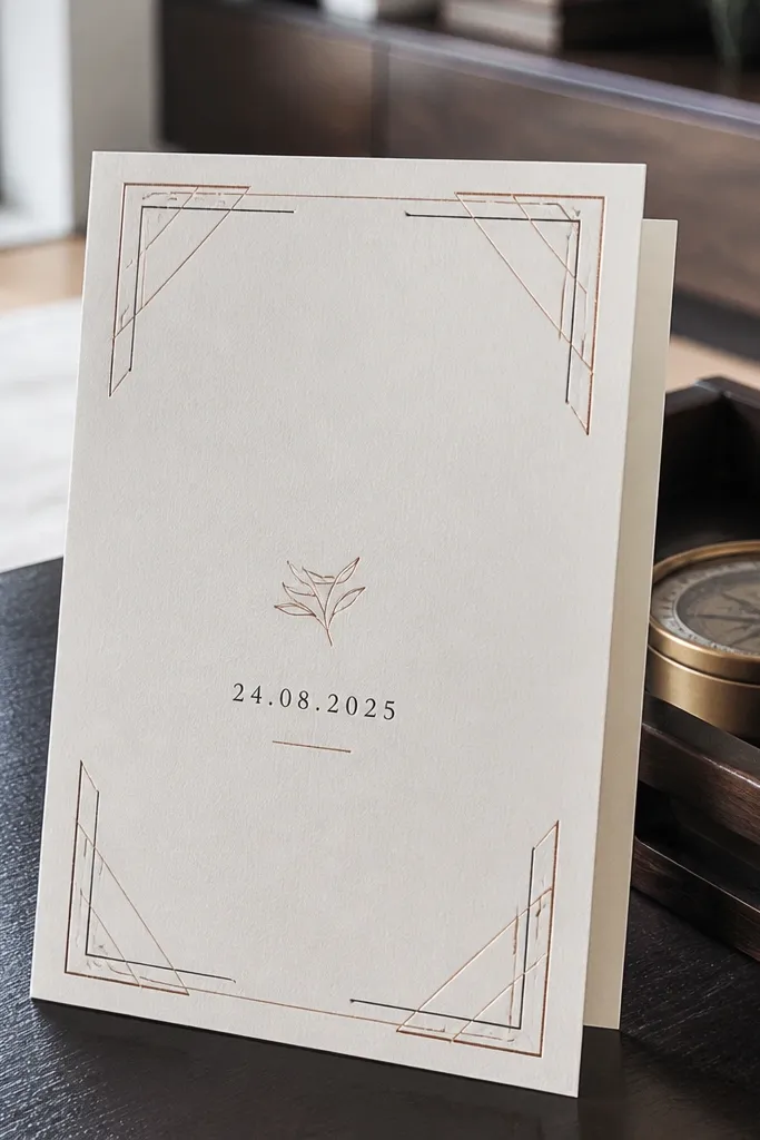 White card with thin gold geometric corner lines and centered black text