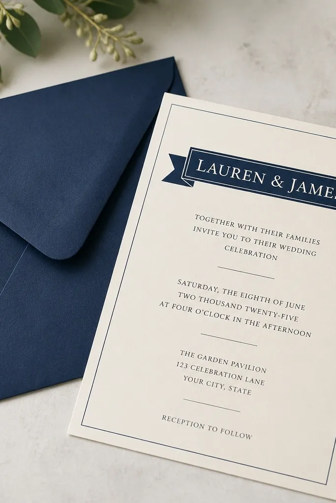 Ivory card with a navy ribbon-style strip across the top and centered names